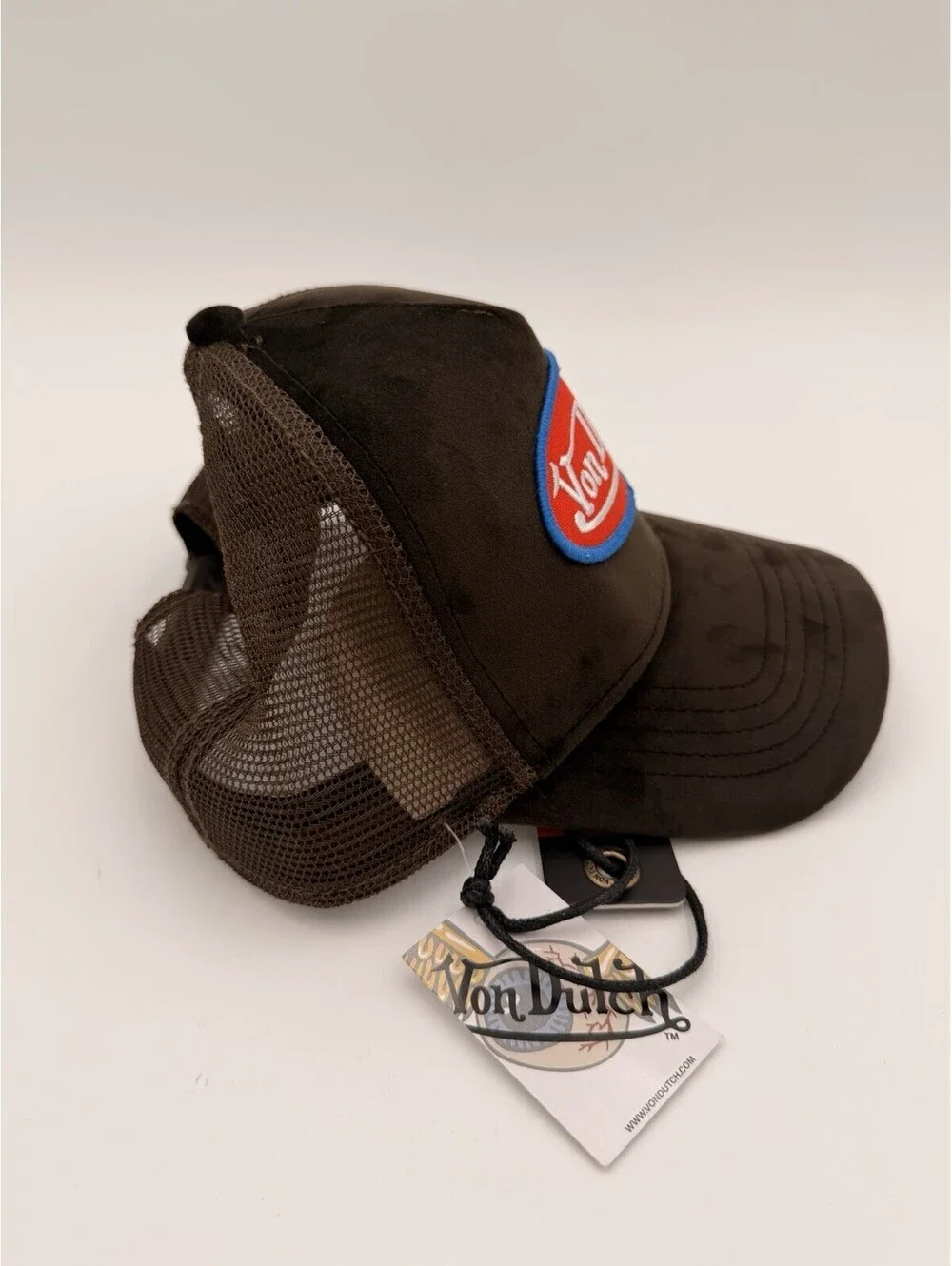 Von Dutch Hollywood Brown Velvet Trucker Hat with Red Blue Logo NWT